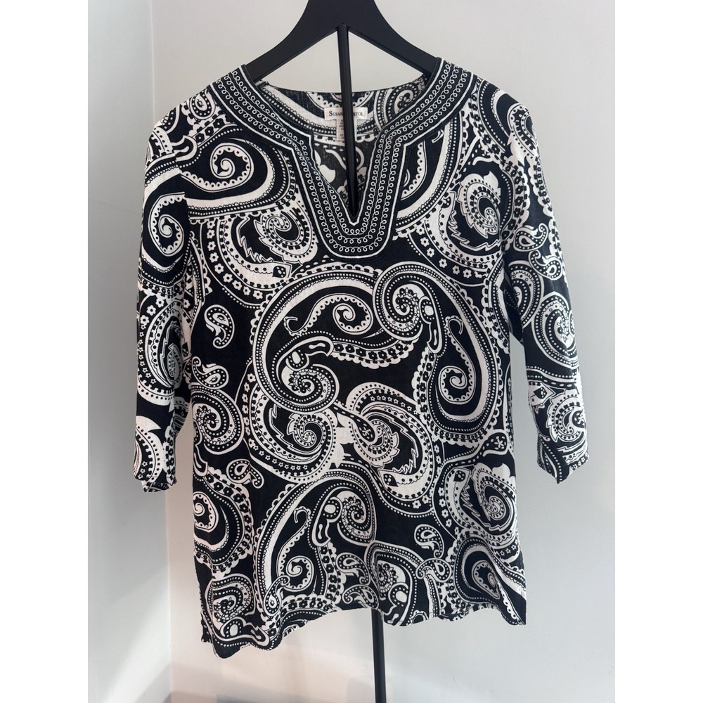Susan Bristol Linen Blend Top‎ L Black White Paisley V Neck 3/4 Sleeve Boho